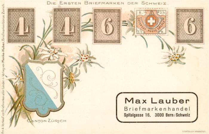Briefmarken auf Postkarte Schweiz Max Lauber Canton Zuerich