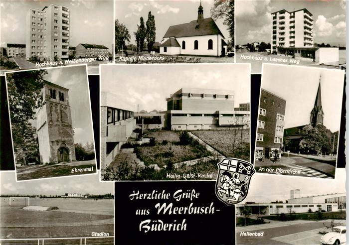 Meerbusch-Buederich Hochhaeuser Kapelle Ehrenmal Kirchen Stadion Hallenbad