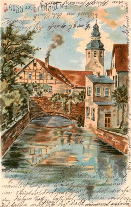 Ettlingen Ansicht mit Kirche Partie am Fluss Kuenstlerkarte