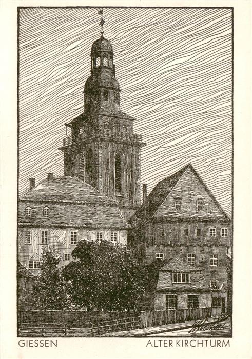 Giessen Lahn Alter Kirchturm Zeichnung Kuenstlerkarte