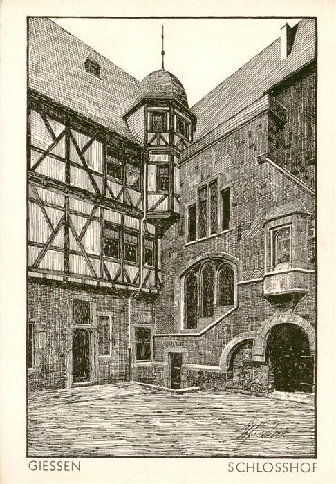 Giessen Lahn Schlosshof Zeichnung Kuenstlerkarte