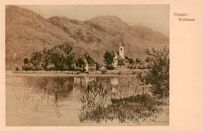 Fuessen Allgaeu Partie am Weissensee nach Originalradierung J. Neumann Kuenstler