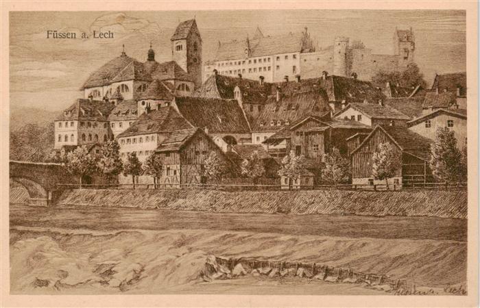 Fuessen Allgaeu Stadtansicht nach Originalradierung J. Neumann Kuenstlerkarte