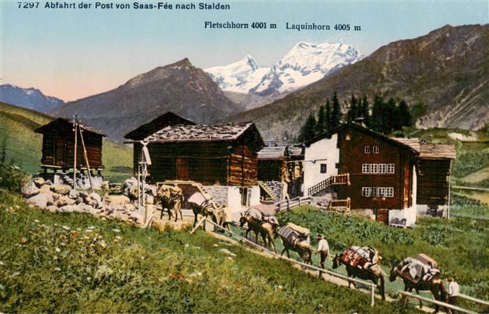Saas-Fee VS Abfahrt der Post von Saas-Fee nach Stalden mit Fletschhorn und Laqui