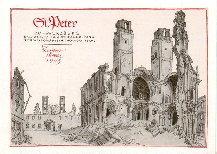 Wuerzburg Bayern St Peterkirche zerstoert am 16 Maerz 1945 Zeichnung