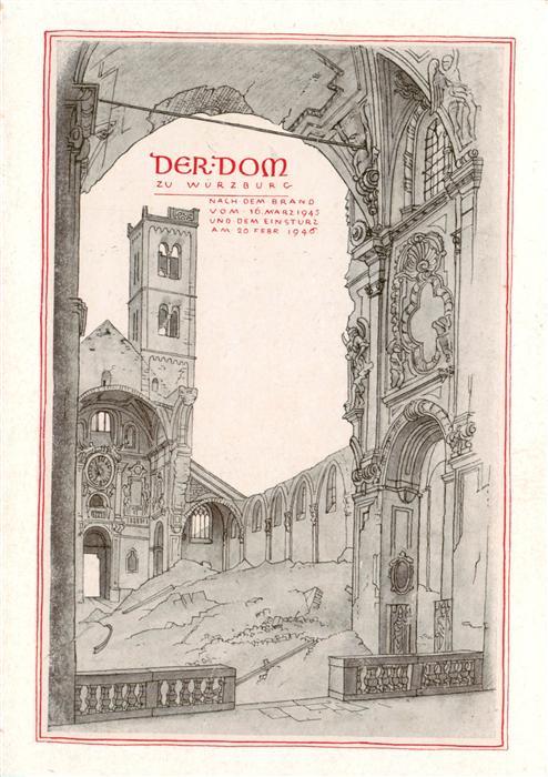 Wuerzburg Bayern Der Dom zerstoert am 16 Maerz 1945 Zeichnung