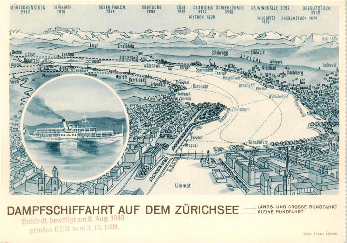 Zuerichsee ZH Limmatpanoramakarte Dampfschiffahrt auf dem Zuerichsee