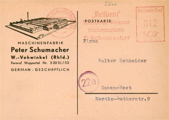 Vohwinkel Wuppertal Maschinenfabrik Schumacher Antwortkarte