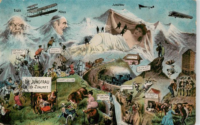 Wengen  BE mit Eiger Moench und Jungfrau Karikatur Die Jungfrau in der Zukunft