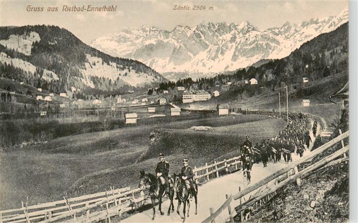 Ennetbuehl SG Panorama mit Blick zum Saentis Soldaten zu Pferd Truppen