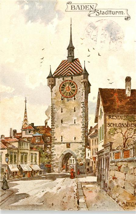 Baden  AG Stadtturm Restaurant Schlossberg Zeichnung