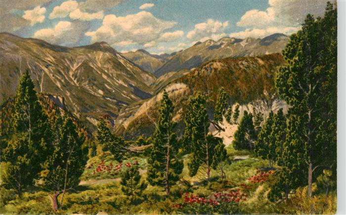 Spoeltal Spoel Zernez GR mit Piz Terza von Alp la Schera Gemaelde