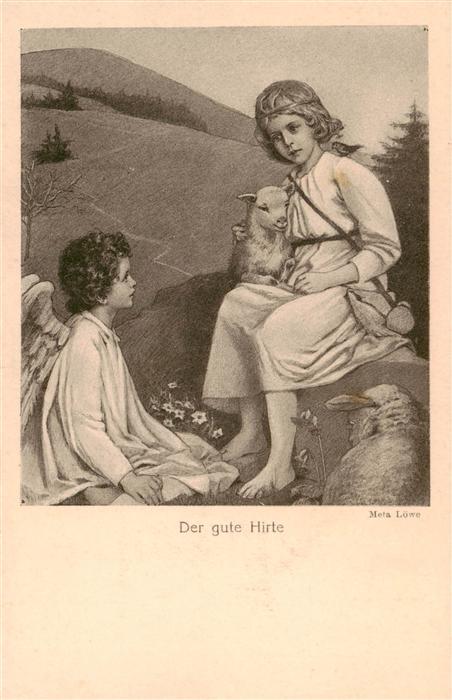 Kuenstlerkarte Meta Loewe Laemmchen Kind Engel