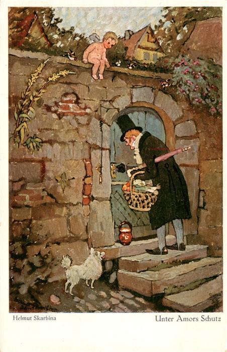 Skarbina Helmut Kuenstlerkarte Engelkind Hund Unter Amors Schutz