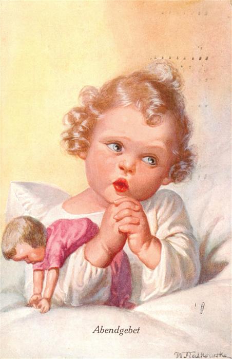 Fialkowska Wally Kuenstlerkarte 1405 Gebet Baby Puppe