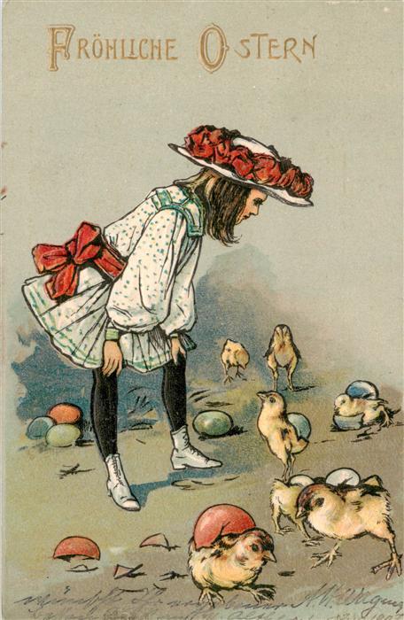 Ostern Easter Paques Pasqua Kueken Eier Frau Hut