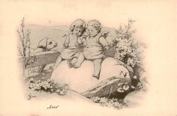 Loewe Meta Kuenstlerkarte Nr. 65 Verlag Girtanner Engelkinder laemmchem lenz Sch