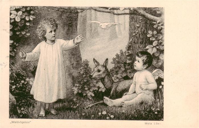 Loewe Meta Kuenstlerkarte Kinder Vogel Engel Reh