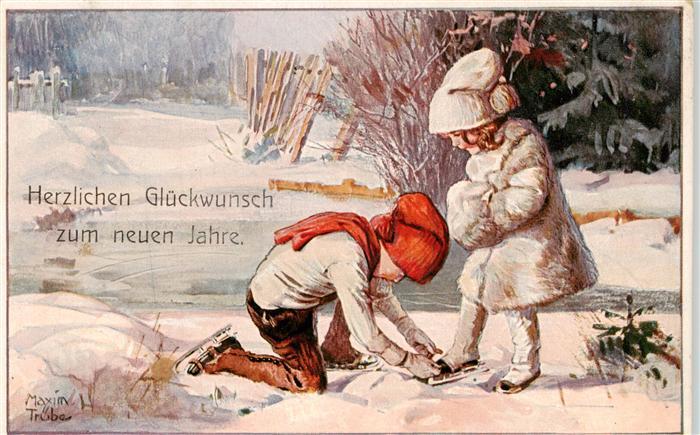 Neujahr Annee New Year Kinder Schnee Eislaufen