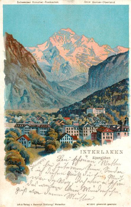 Steinmann C. Schweiz Kuenstlerlitho Nr. 2040 Interlaken Alpengluehen