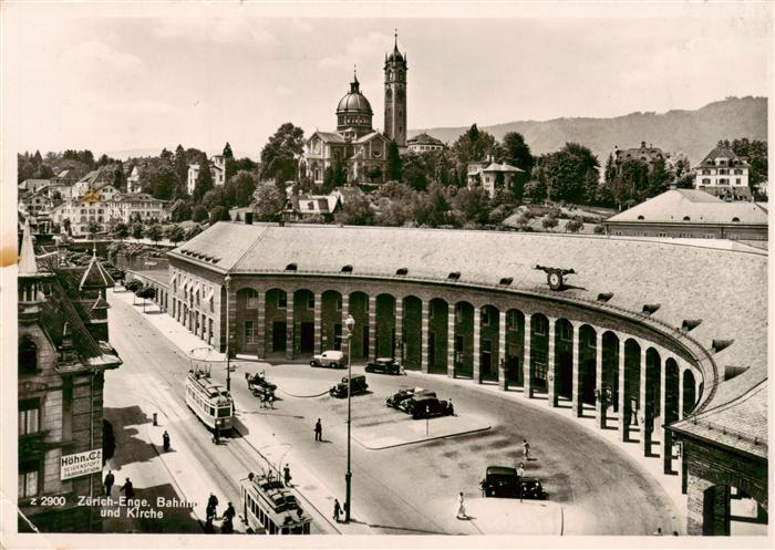 Bahnhof Gare Railway-Station Zuerich Enge Kirche Strassenbahn