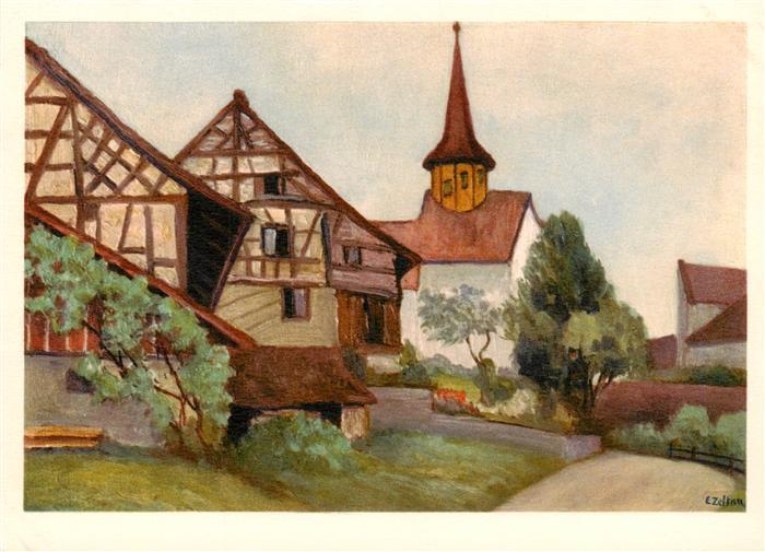 Waltalingen ZH Dorfansicht mit Kirche Kuenstlerkarte