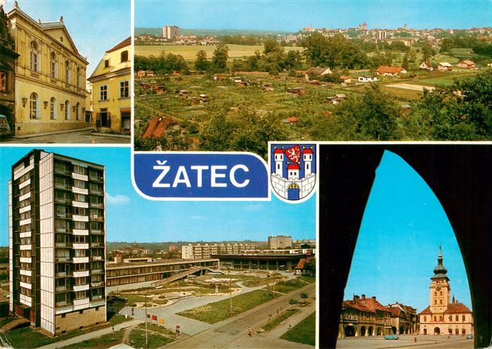 Zatec Saaz CZ Theater Stadtpanorama Hochhaus Rathaus