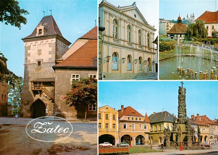 Zatec Saaz CZ Tor Theater Wasserspiele Dreifaltigkeitssaeule