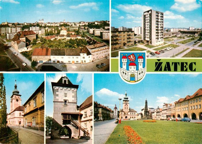 Zatec Saaz CZ Stadtpanorama Hochhaus Ringplatz Rathaus Priestertor