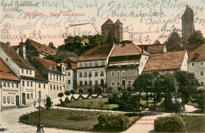 Stolpen Sachsen Markt und Schloss Handkolorierte Kuenstlerkarte