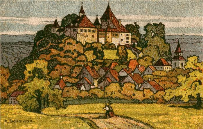 Kyburg ZH Panorama Blick von Sueden Bolmann Kuenstlerkarte