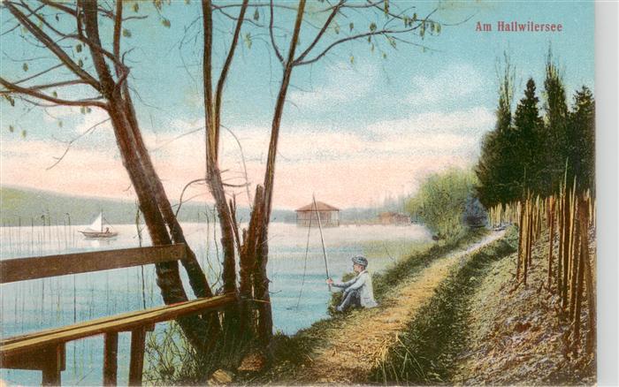 Hallwil Hallwyl AG Uferpartie am Hallwilersee Angler Kuenstlerkarte