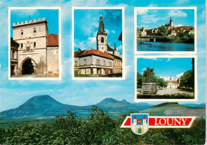Louny Laun CZ Zatecka Tor Kirche Stadtzentrum Panorama Blick gegen Mittelgebirge