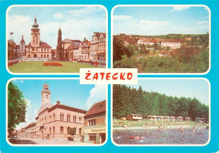 Zatec Saaz CZ Stadtzentrum Platz Strassenpartie Freibad