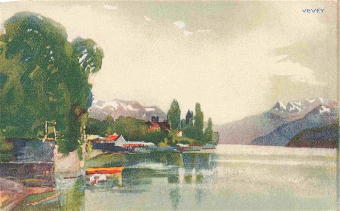 Vevey VD Partie am Genfersee Kuenstlerkarte Werbung Zwicky Naehseiden