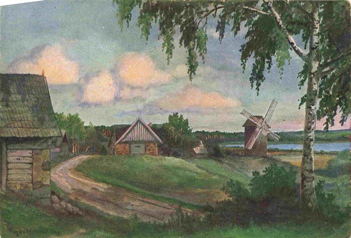 Pixstern Pikstes Daugmales Latvia Dorfstrasse Windmuehle Kuenstlerkarte