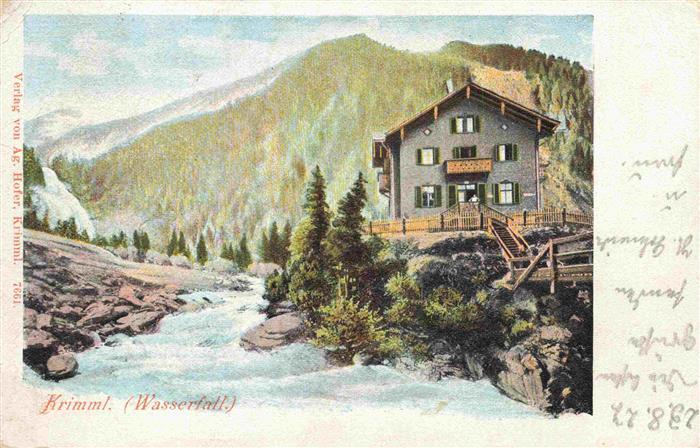 Krimml 1076m Pinzgau AT Wasserfall Berggasthaus Unterkunftshaus Litho
