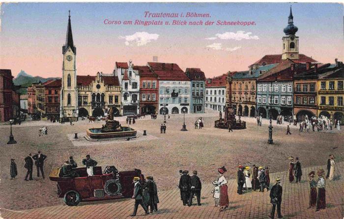 Trautenau Trutnov CZ Corso am Ringplatz mit Blick zur Schneekoppe