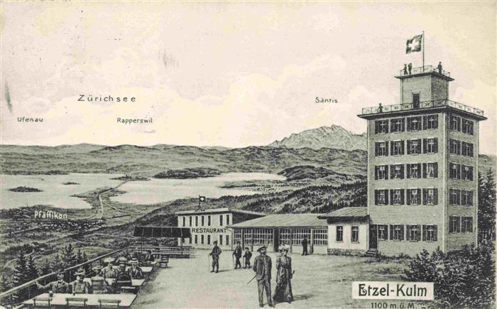 Etzel-Kulm 1098m SZ mit Ufenau Zuerichsee Rapperswil Saentis Hotel