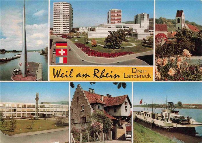Weil am Rhein Dreilaendereck Teilansichten Hochhaeuser Kirche Faehre