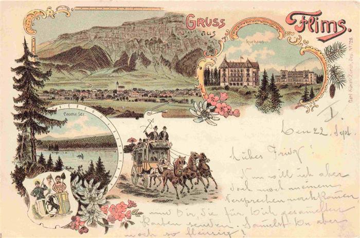 Flims GR Panorama Kurhaus See Postkutsche Litho