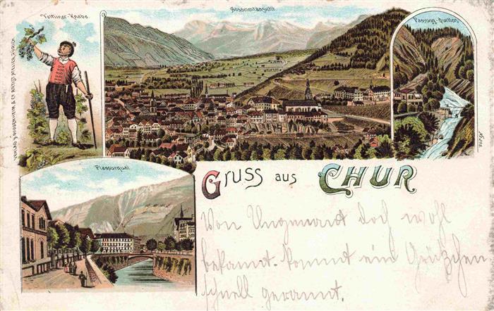 CHUR Coire GR Panorama Vettlinger Knabe Passugg-Quellen Plessurquai Litho