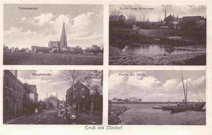 Zuendorf Koeln Total mit Kirche Binnensee Hauptstrasse Partie am Rhein