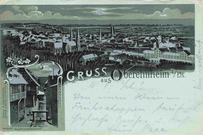 Oberehnheim Obernai 67 Alsace Panorama im Mondschein Litho