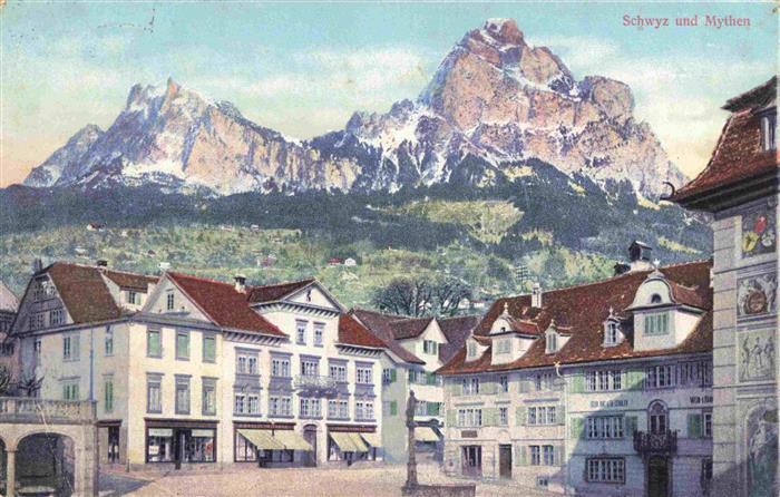 SCHWYZ SZ Ortszentrum Blick gegen Mythen