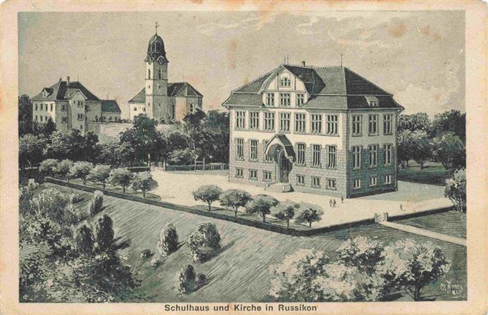 Russikon ZH Schulhaus und Kirche Kuenstlerkarte