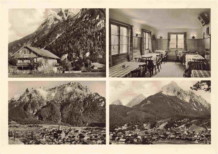 MITTENWALD Bayern Forsters Braeustueberl Gastraum Gesamtansicht mit Alpenpanoram