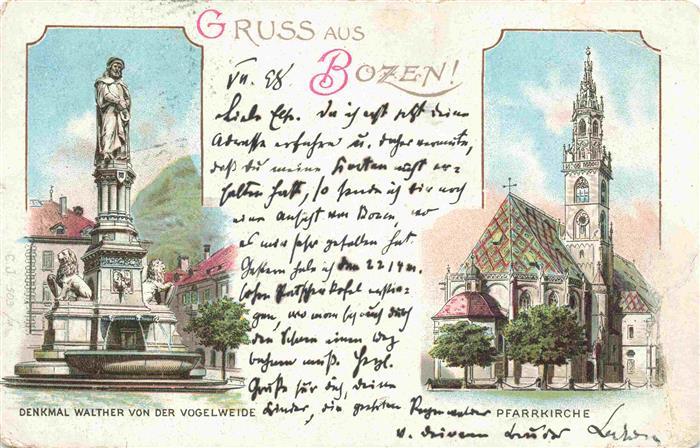 Bozen BOLZANO Suedtirol IT Denkmal Walther von der Vogelweide Pfarrkirche