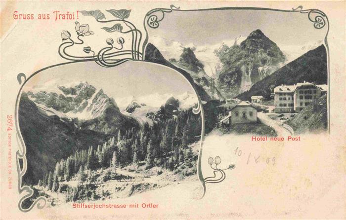 Trafoi Stilfs Suedtirol IT Stilfserjochstrasse mit Ortler Hotel neue Post