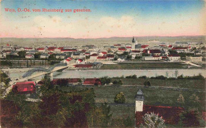 WELS Oberoesterreich AT Panorama Blick vom Rheinberg aus Zensur-Stempel